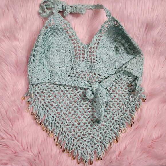 Island Planet Womens Small Blue Crochet Shells Halter Swim Top Cover - Picture 3 of 5